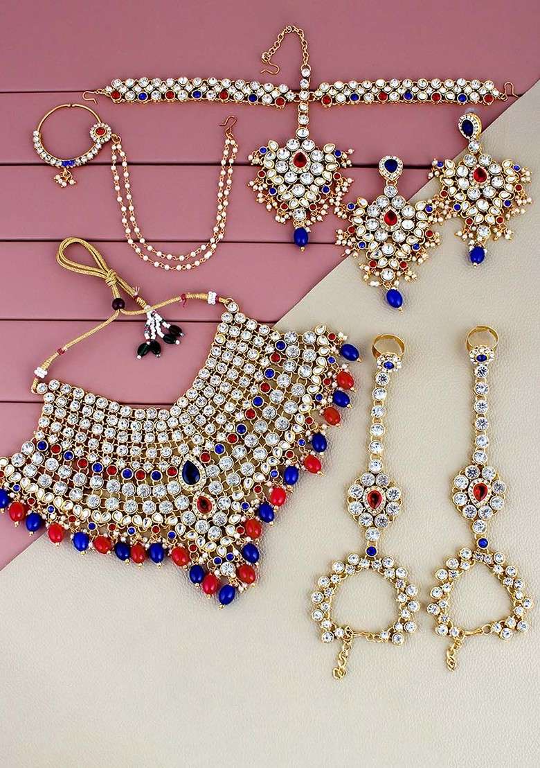 Multi Studded Gold Plated Necklace Set - Indya