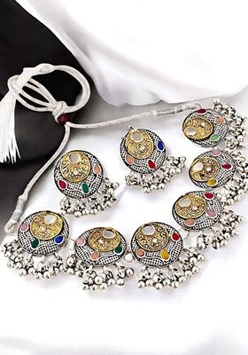 Silver Studded Silver Plated Necklace Set
