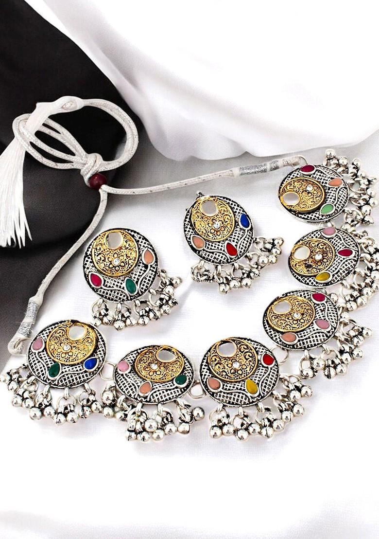 Silver Studded Silver Plated Necklace Set