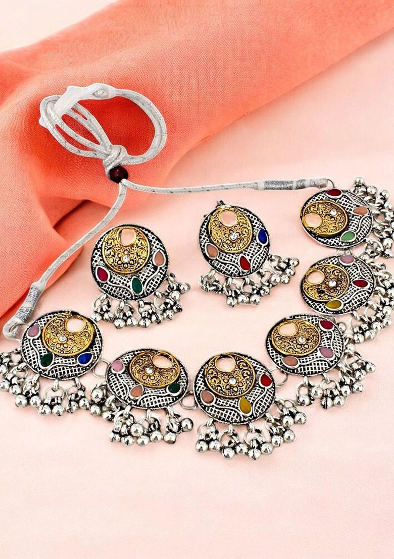 Silver Studded Silver Plated Necklace Set