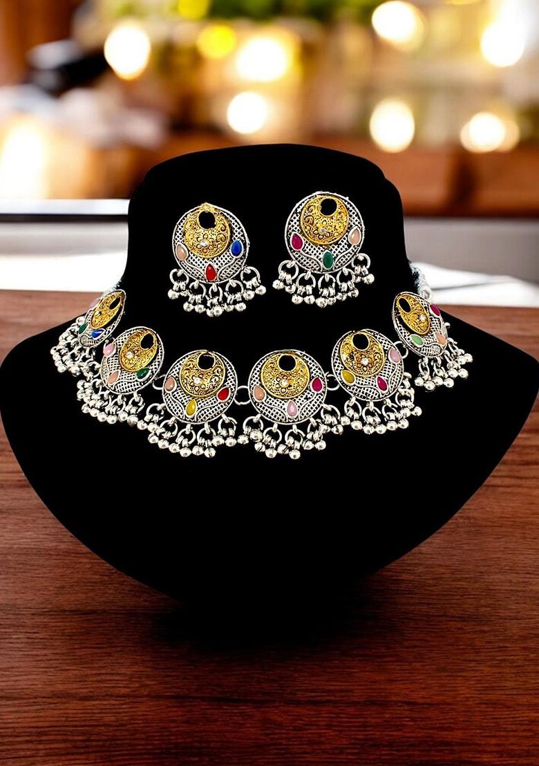 Silver Studded Silver Plated Necklace Set