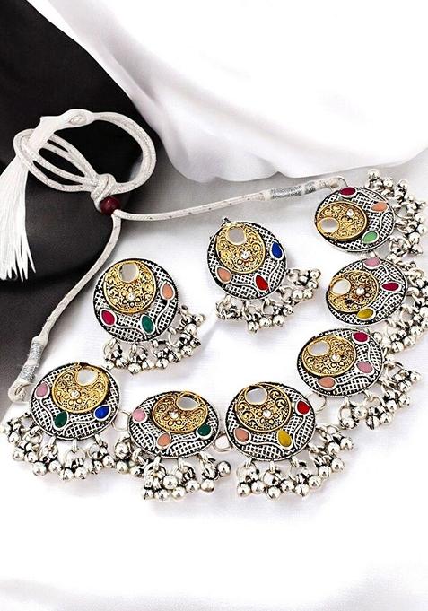 Silver Studded Silver Plated Necklace Set