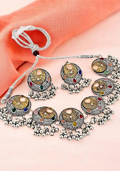 Silver Studded Silver Plated Necklace Set