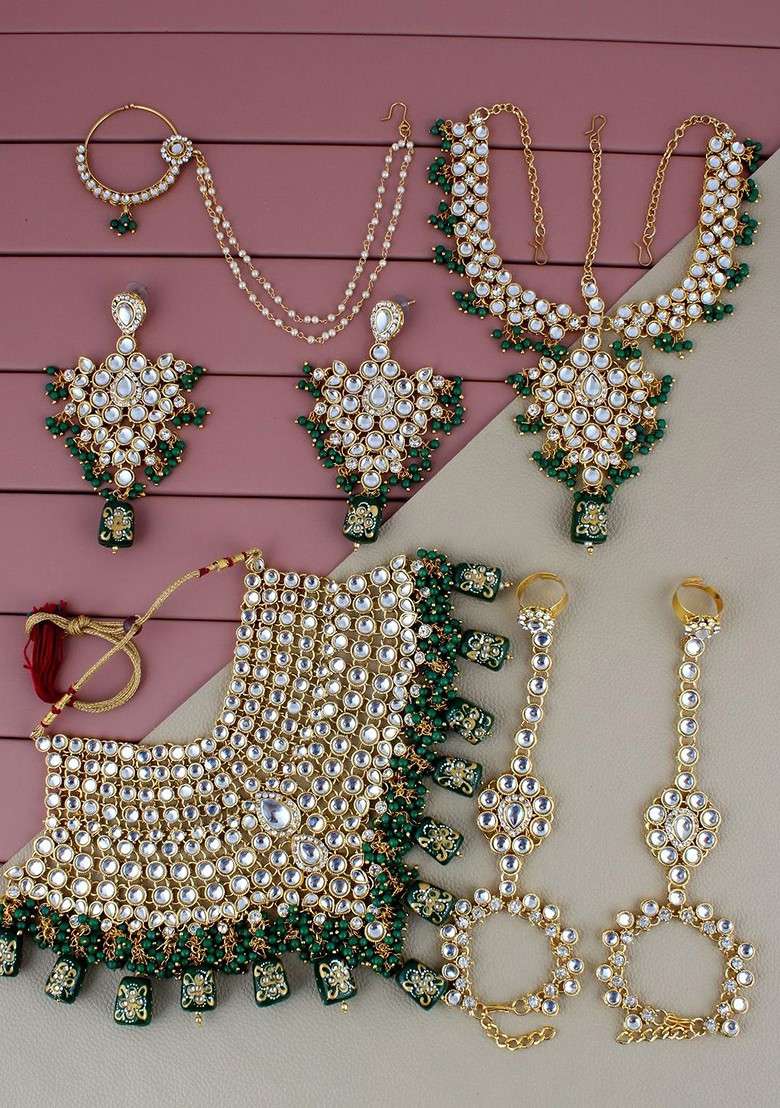 Green Kundan Gold Plated Necklace Set - Indya