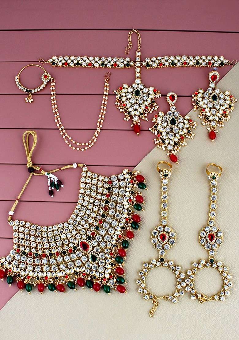 Gold Studded Gold Plated Necklace Set - Indya