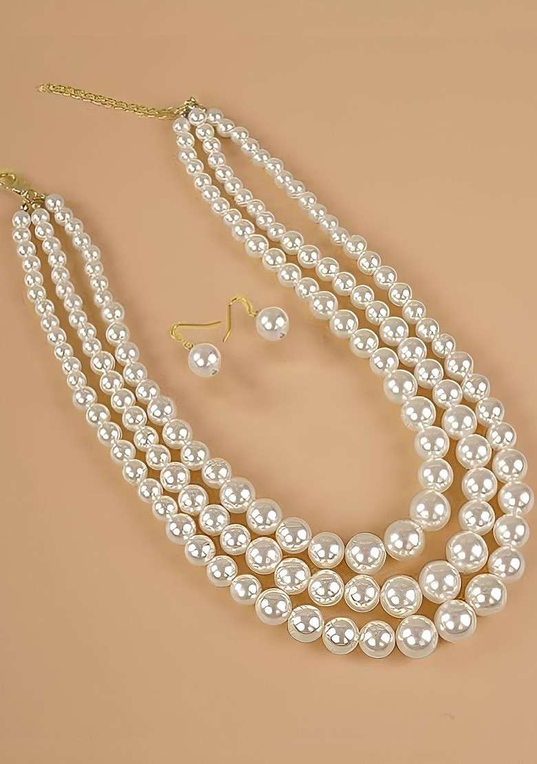 White Beaded Gold Plated Necklace Set - Indya