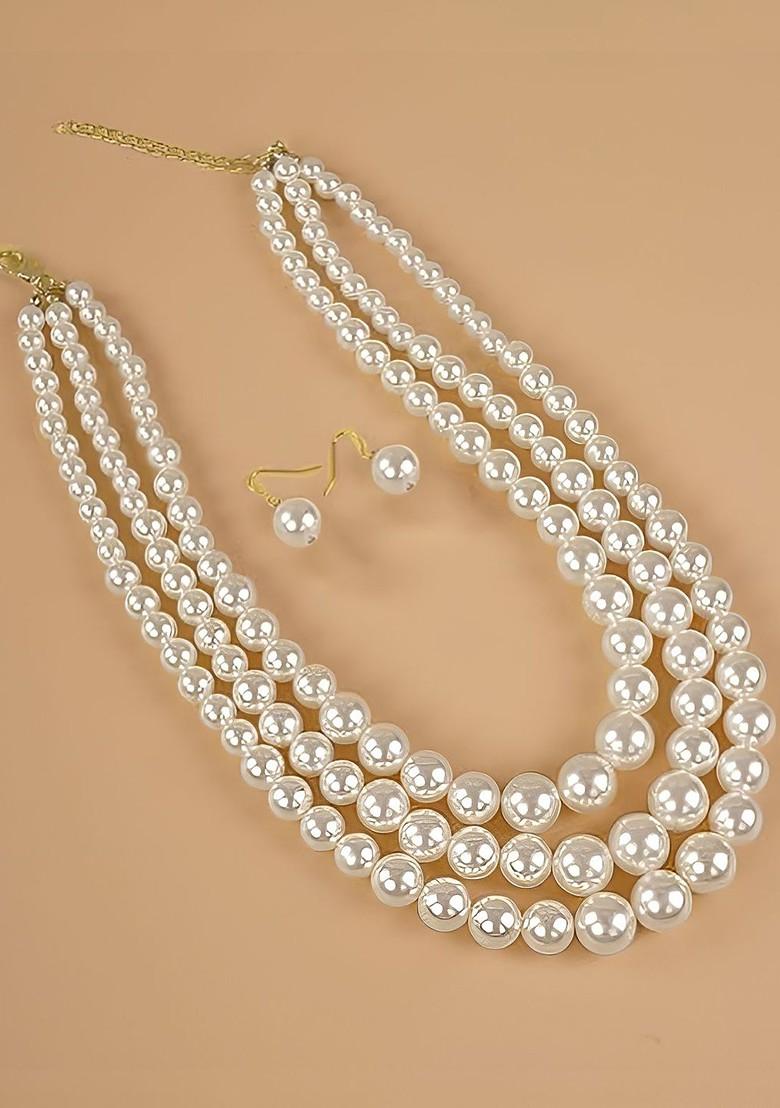White Beaded Gold Plated Necklace Set