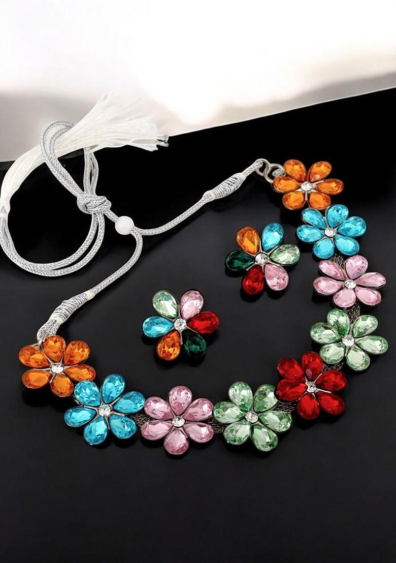 Silver Studded Silver Plated Necklace Set