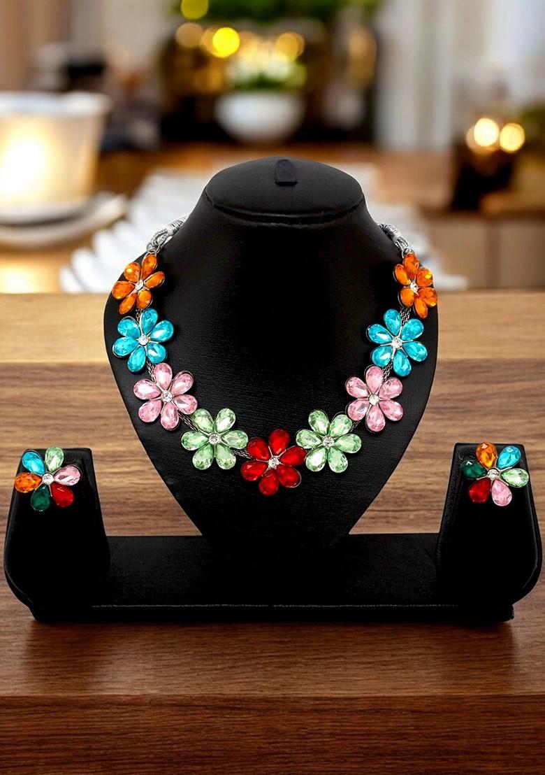 Silver Studded Silver Plated Necklace Set