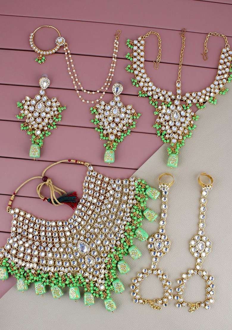 Green Kundan Gold Plated Necklace Set - Indya