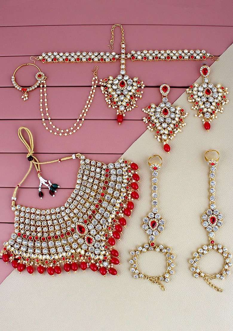 Red Studs Gold Plated Necklace Set - Indya