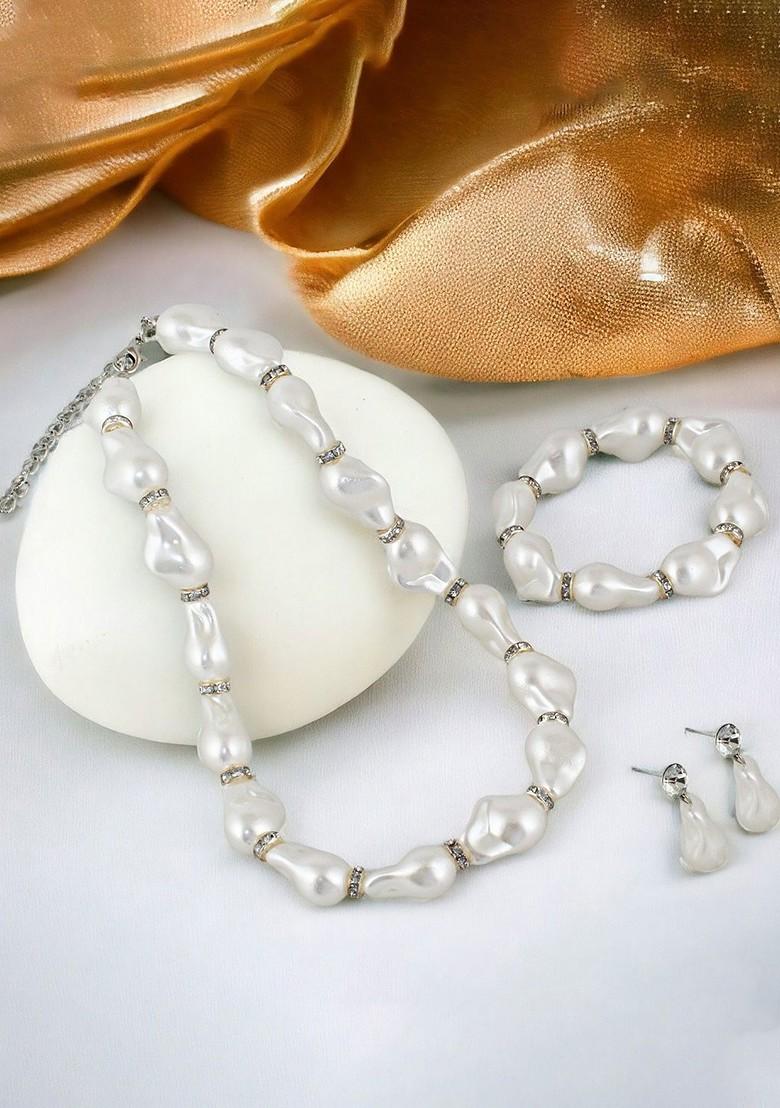 White Beaded Gold Plated Necklace Set