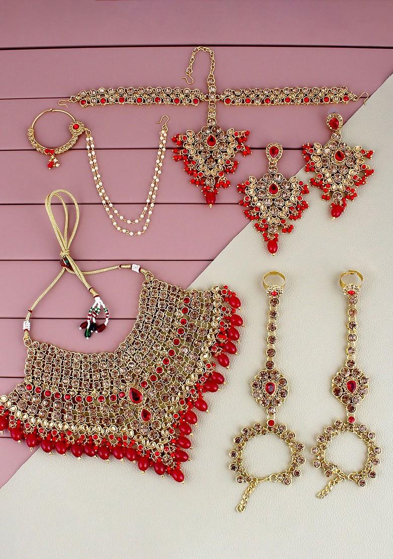 Red Studs Gold Plated Necklace Set