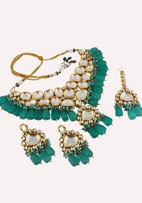 Turquoise Blue Kundan Gold Plated Necklace Set