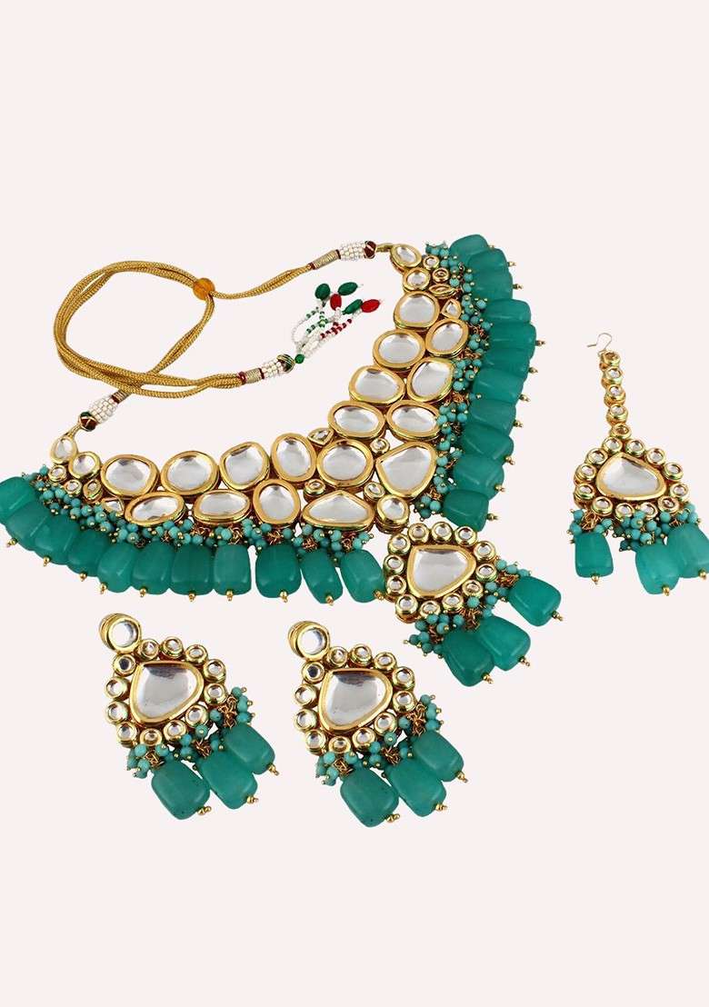 Turquoise Blue Kundan Gold Plated Necklace Set - Indya