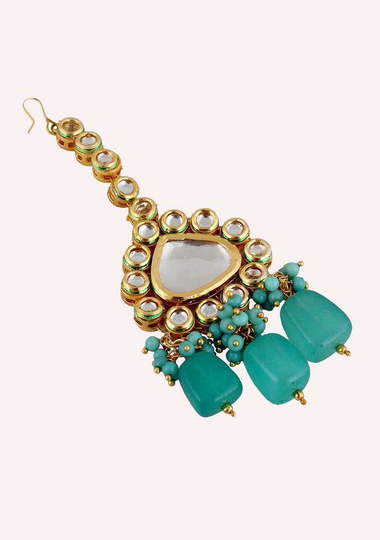 Turquoise Blue Kundan Gold Plated Necklace Set - Indya