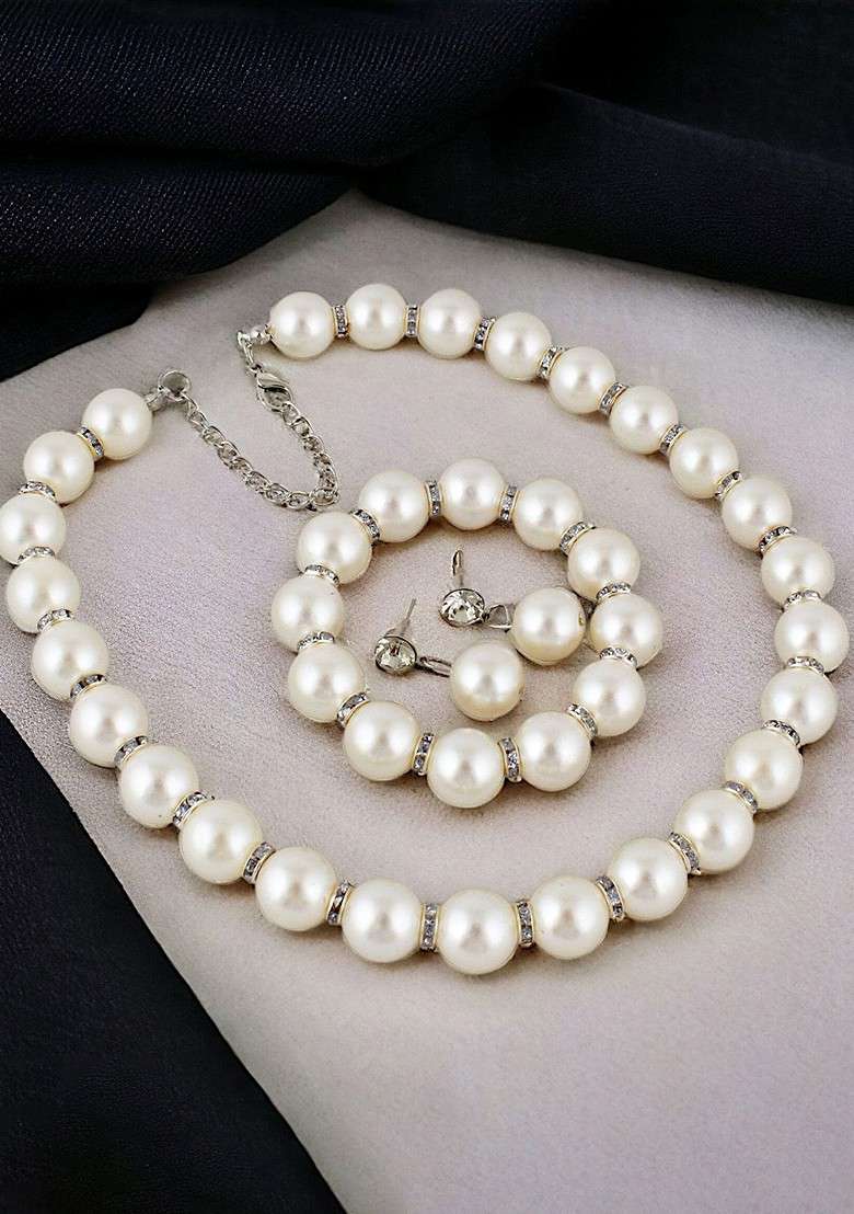 White Beaded Gold Plated Necklace Set - Indya