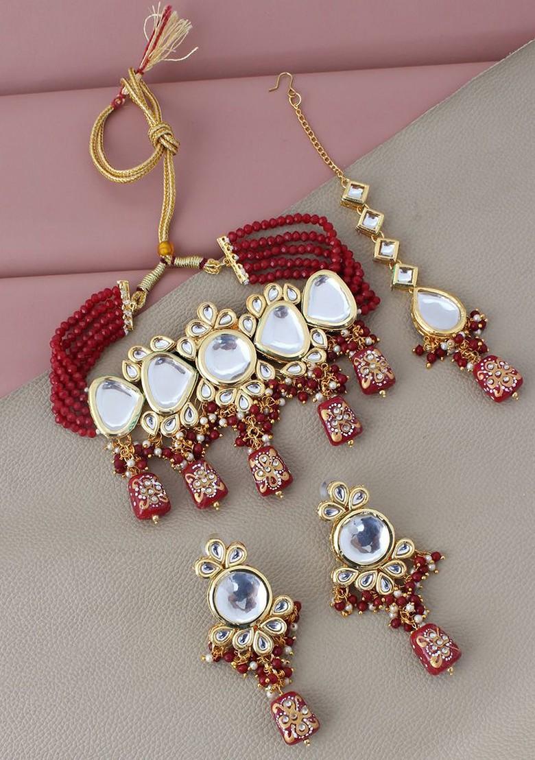 Maroon Kundan Gold Plated Necklace Set