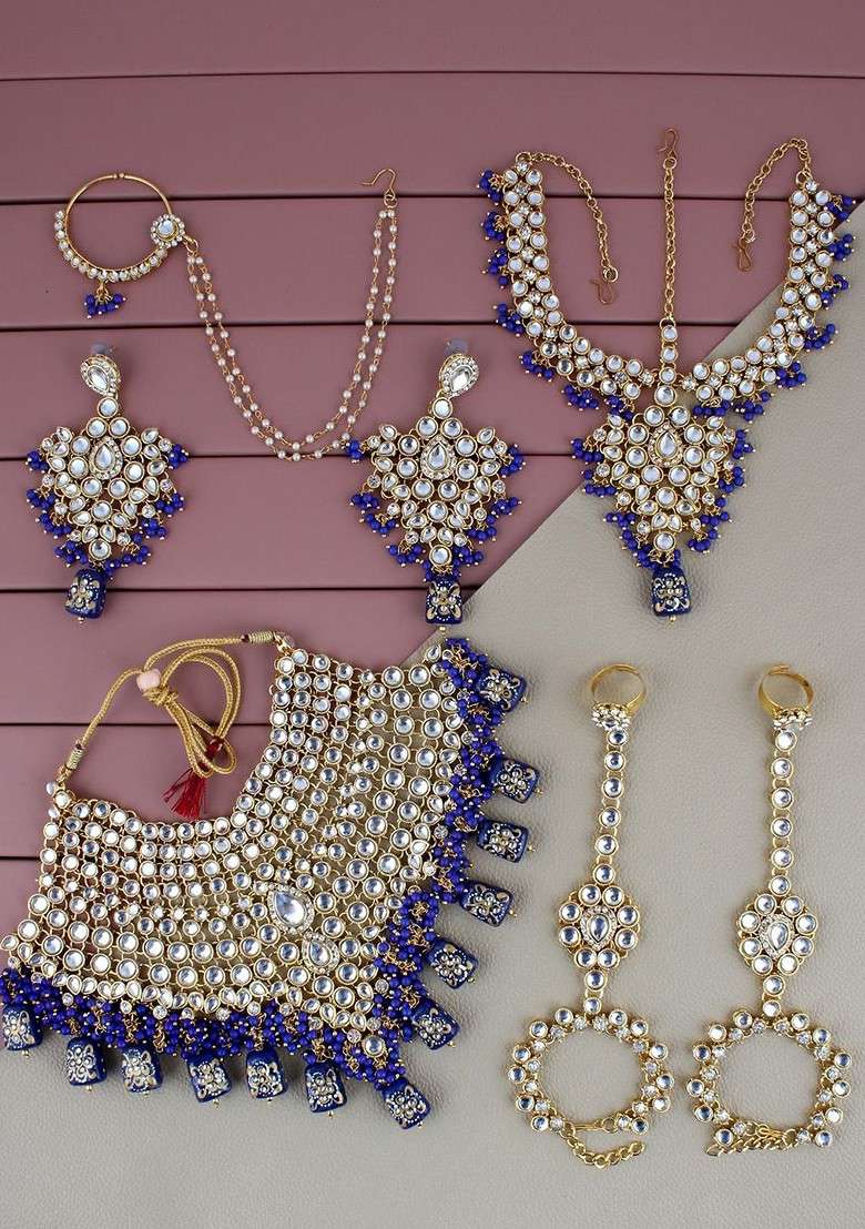 Blue Kundan Gold Plated Necklace Set - Indya