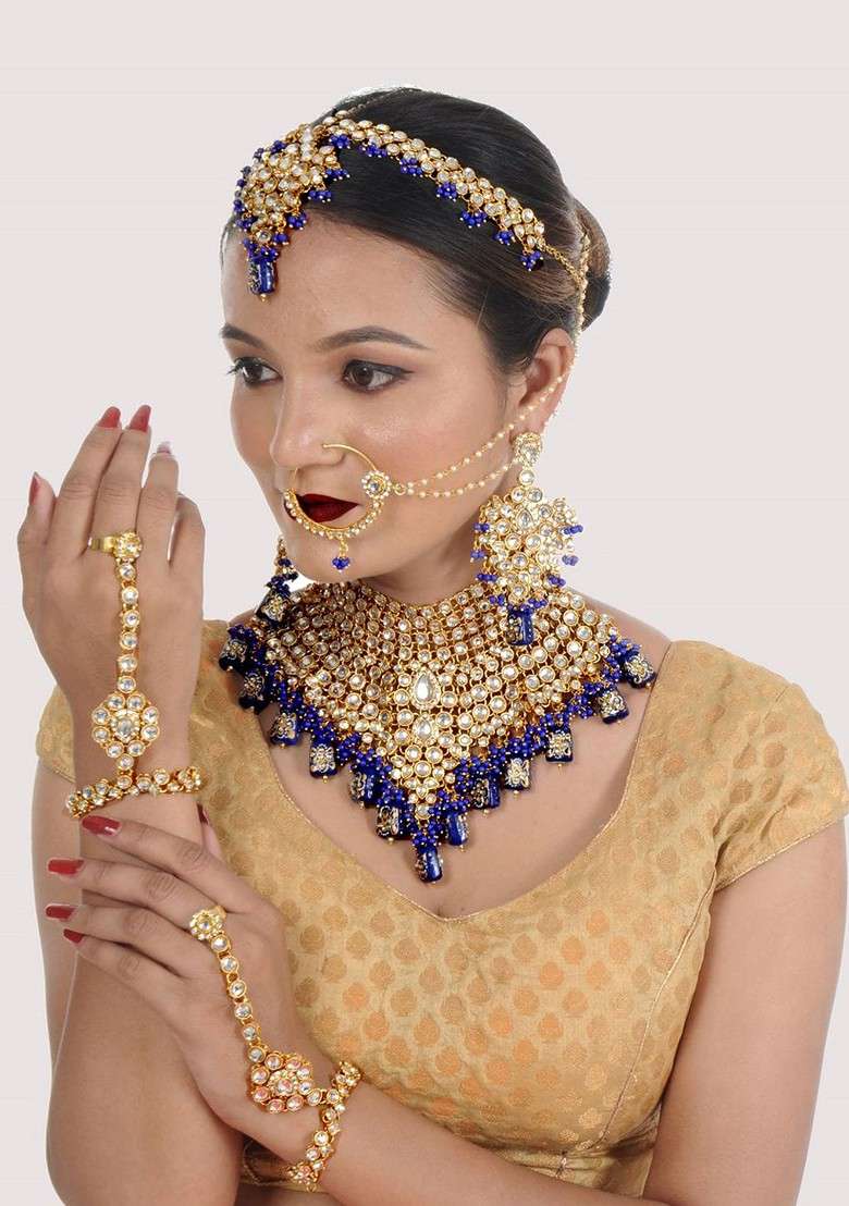 Blue Kundan Gold Plated Necklace Set - Indya