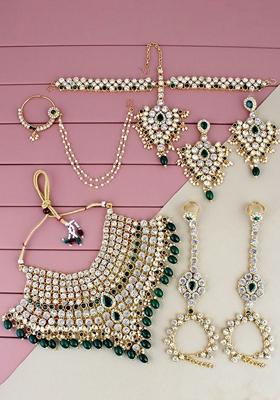 Green Studs Gold Plated Necklace Set