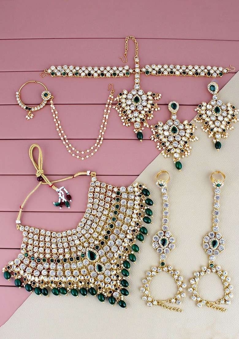 Green Studs Gold Plated Necklace Set - Indya