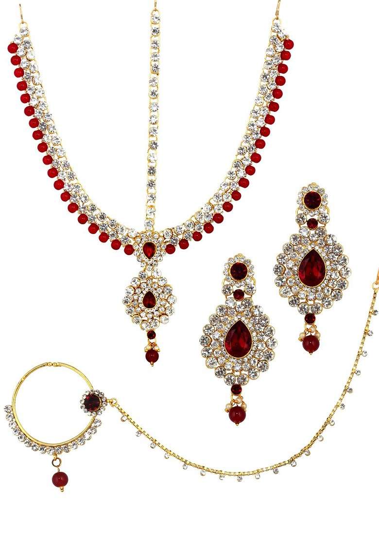 Maroon Studs Gold Plated Necklace Set - Indya