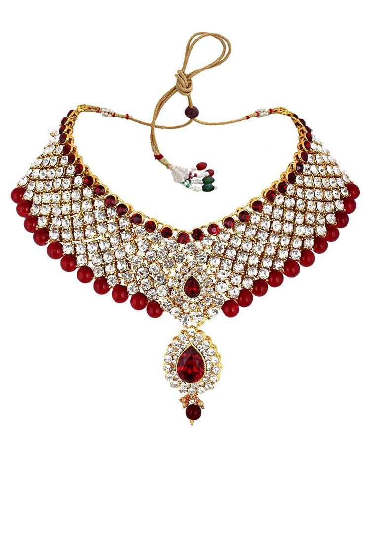 Maroon Studs Gold Plated Necklace Set