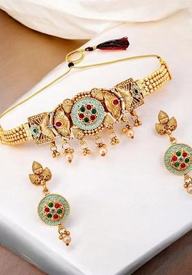 Gold Studded Gold Plated Necklace Set