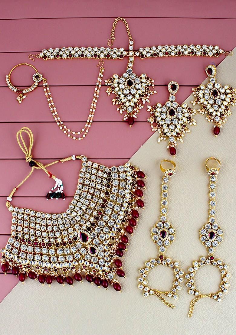 Maroon Studs Gold Plated Necklace Set