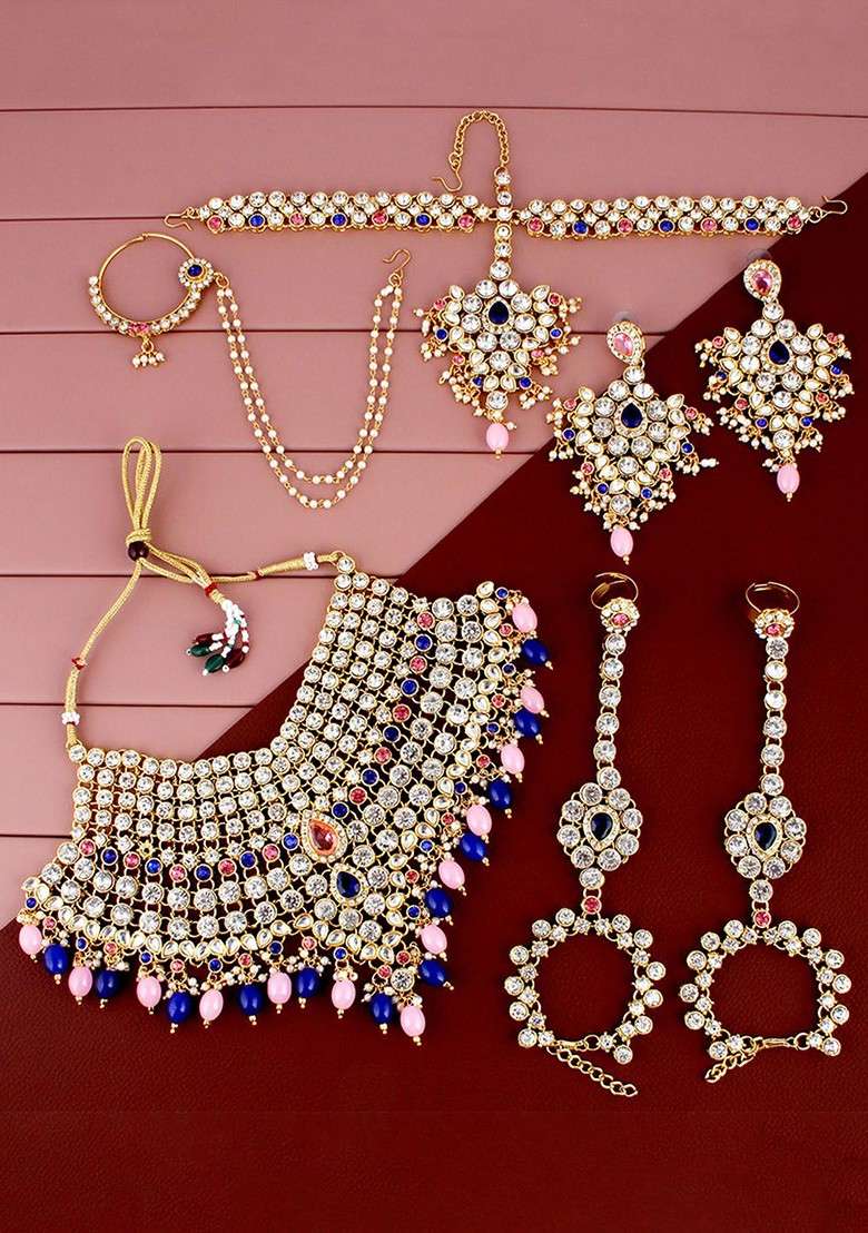 Pink Studs Gold Plated Necklace Set - Indya