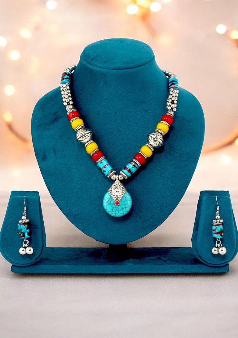 Turquoise Blue Beaded Silver Plated Necklace Set