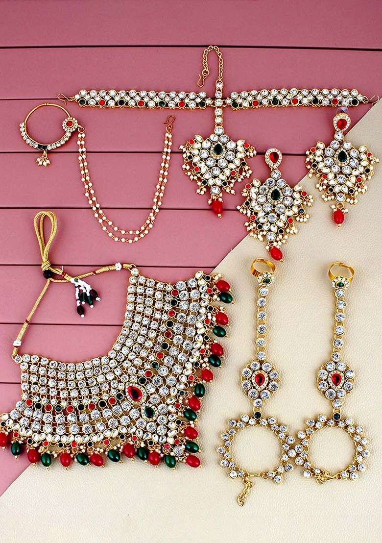 Gold Studded Gold Plated Necklace Set - Indya