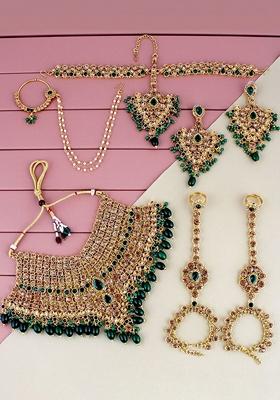 Green Studs Gold Plated Necklace Set