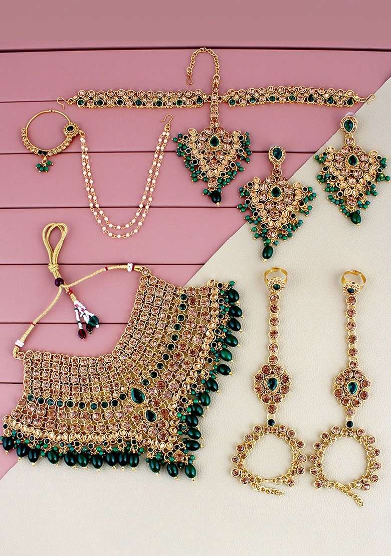 Green Studs Gold Plated Necklace Set - Indya
