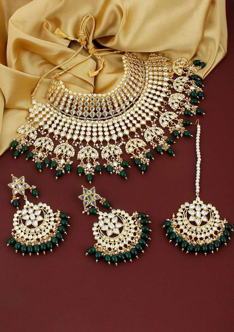 Green Kundan Gold Plated Necklace Set - Indya
