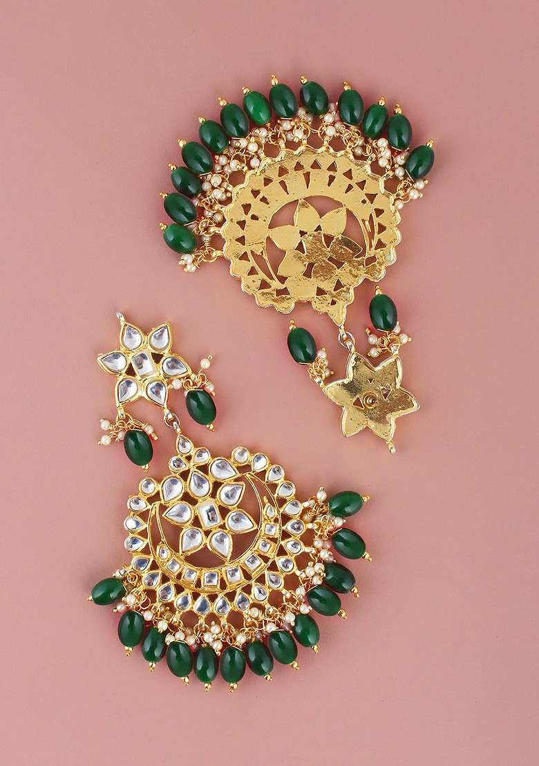 Green Kundan Gold Plated Necklace Set - Indya