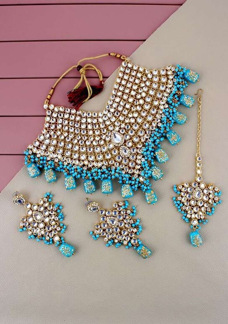 Turquoise Blue Kundan Gold Plated Necklace Set - Indya