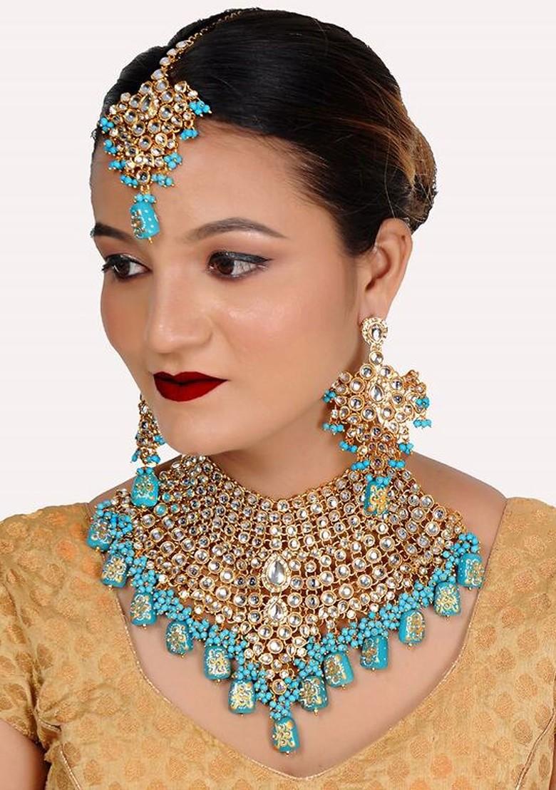Turquoise Blue Kundan Gold Plated Necklace Set