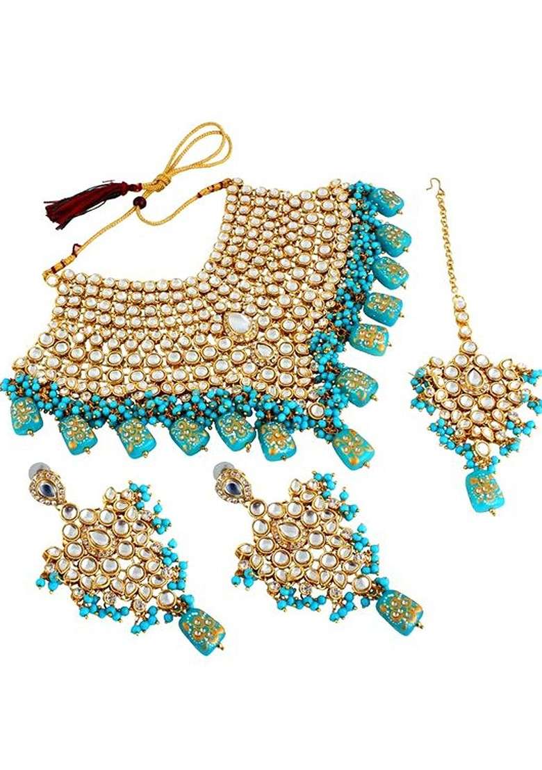 Turquoise Blue Kundan Gold Plated Necklace Set - Indya
