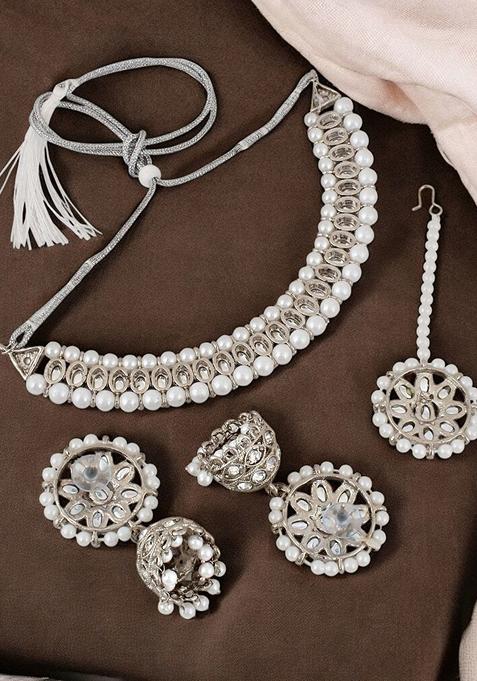 Silver Kundan Silver Plated Necklace Set