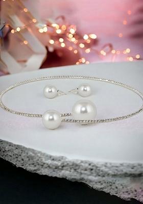 Silver Studded Silver Plated Necklace Set