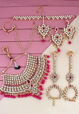 Magenta Studs Gold Plated Necklace Set