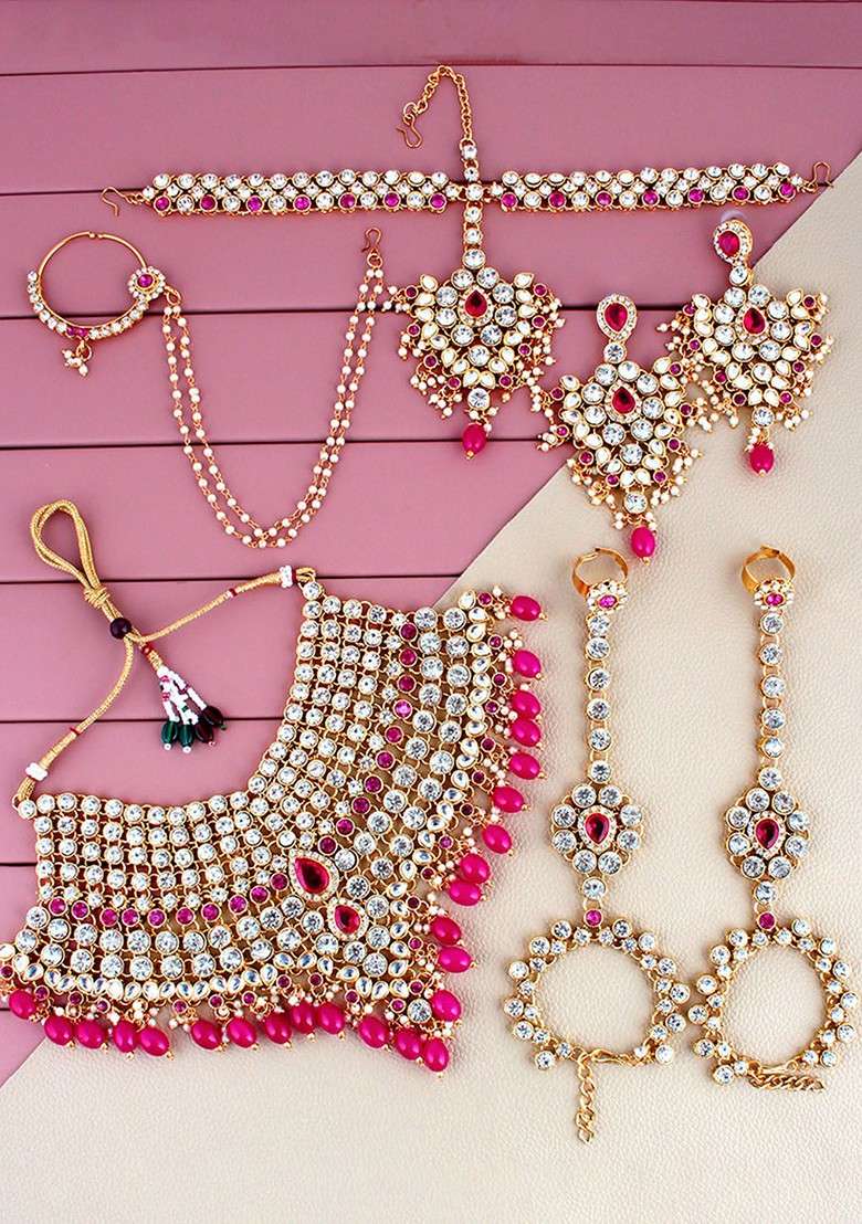 Magenta Studs Gold Plated Necklace Set - Indya