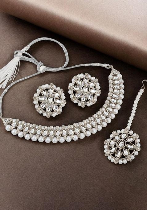 Silver Kundan Silver Plated Necklace Set