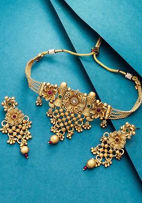Gold Plated Pink And Green Pearl Studded Temple Jewellery Set