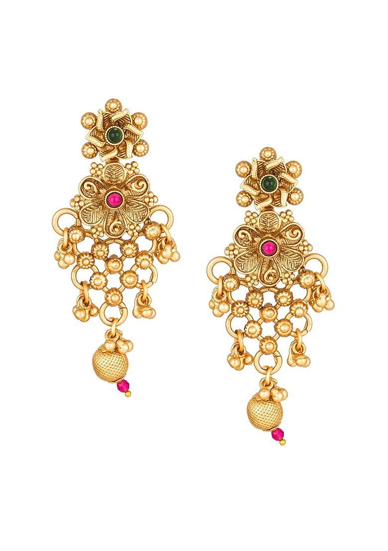 Gold Plated Pink And Green Pearl Studded Temple Jewellery Set