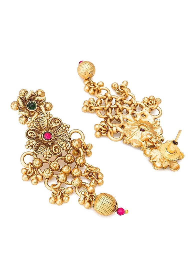 Gold Plated Pink And Green Pearl Studded Temple Jewellery Set