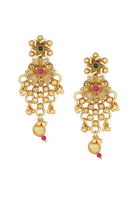 Gold Plated Pink And Green Pearl Studded Temple Jewellery Set