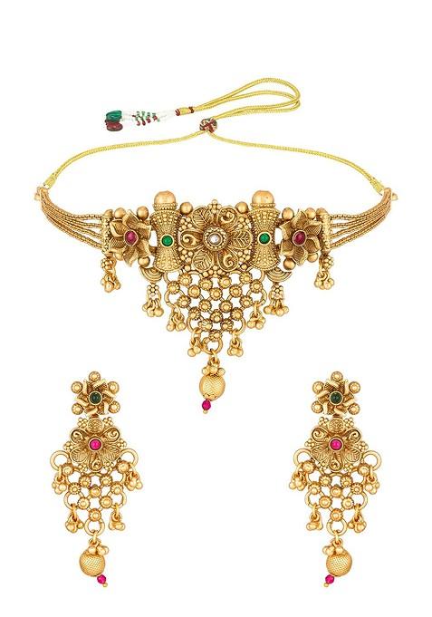 Gold Plated Pink And Green Pearl Studded Temple Jewellery Set